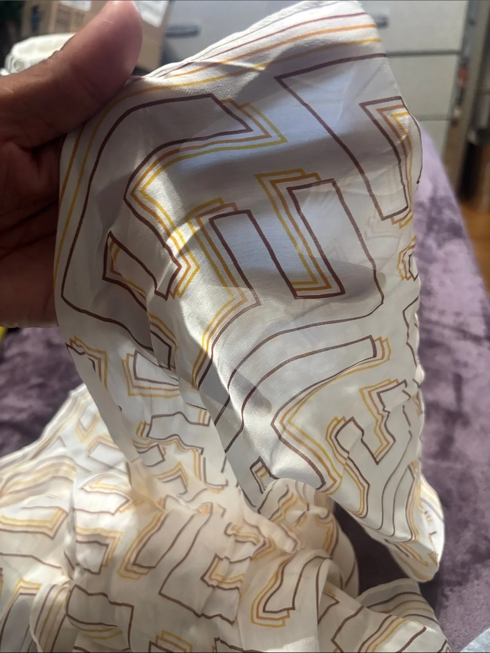 Fendi White Scarf with Yellow and Brown Geometric Motif
